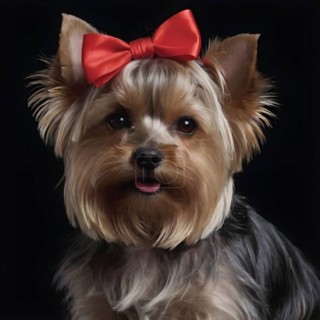 Un petit chien Yorkshire Terrier est orné d'un grand n?ud rouge sur la tête, mettant en valeur sa fourrure bien entretenue et son expression attentive..