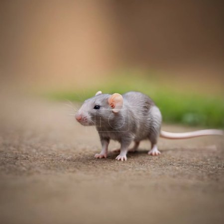 Eine Hausdumbo-Ratte steht mit voller Aufmerksamkeit dem Betrachter gegenüber und zeigt große, runde Ohren und zuckende Schnurrhaare..