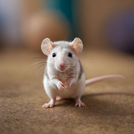 Eine Hausdumbo-Ratte steht mit voller Aufmerksamkeit dem Betrachter gegenüber und zeigt große, runde Ohren und zuckende Schnurrhaare..