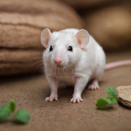 Una rata tonta doméstica se para con toda su atención hacia el espectador, mostrando orejas grandes y redondeadas y bigotes temblorosos..