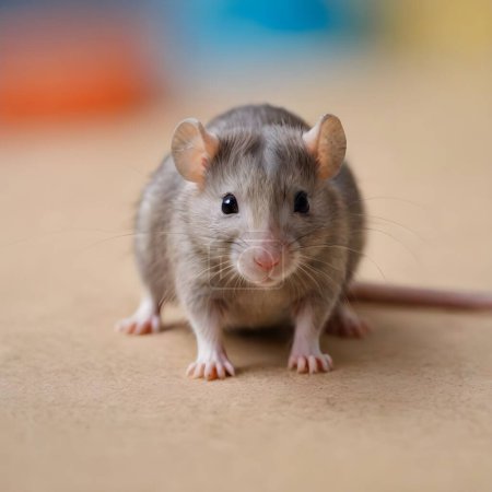 Un rat dumbo domestique se tient debout avec toute son attention vers le spectateur, affichant de grandes oreilles arrondies et des moustaches tremblantes.