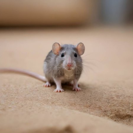 A domestic dumbo rat stands with its full attention toward the viewer, displaying large, rounded ears and twitching whiskers.