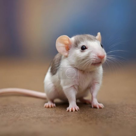 Una rata tonta doméstica se para con toda su atención hacia el espectador, mostrando orejas grandes y redondeadas y bigotes temblorosos..