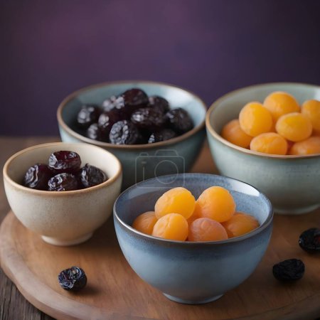 Two bowls filled with dried fruits are displayed on a wooden surface. One bowl contains black, shiny dried plums while the other holds round, golden dried apricots. healthy snacking options.
