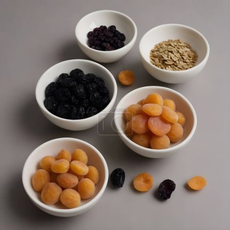 Two bowls filled with dried fruits are displayed on a wooden surface. One bowl contains black, shiny dried plums while the other holds round, golden dried apricots. healthy snacking options.