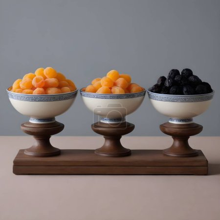 Photo for Two bowls filled with dried fruits are displayed on a wooden surface. One bowl contains black, shiny dried plums while the other holds round, golden dried apricots. healthy snacking options. - Royalty Free Image