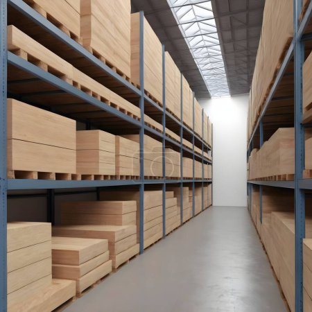 The spacious interior of a large warehouse with rows of wooden pallets neatly stacked on metal shelving. Natural light streams through the skylight windows, illuminating storage space.