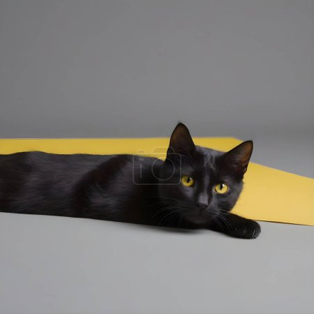 A sleek black cat with intense yellow eyes sits poised near a yellow background. The contrasting colors highlight the cats shiny fur and the sharp details of its features.