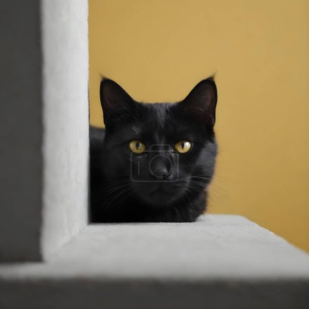 A sleek black cat with intense yellow eyes sits poised near a yellow background. The contrasting colors highlight the cats shiny fur and the sharp details of its features.