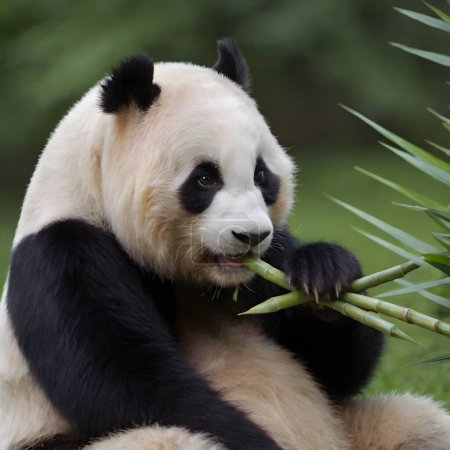 Ein Riesenpanda sitzt gemütlich auf dem Boden, hält und knabbert an einem von dicken grünen Blättern umgebenen Bambusstiel in seinem natürlichen Lebensraum..