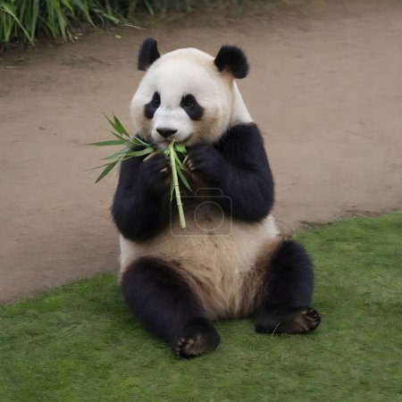 Un panda gigante está sentado cómodamente en el suelo, sosteniendo y comiendo un tallo de bambú rodeado de gruesas hojas verdes en su hábitat natural.