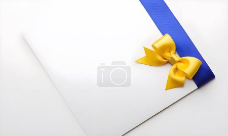 A white gift card adorned with a satin blue ribbon is centered on a neutral, light grey backdrop. The card provides ample space for a personalized message and is perfect for special occasions.