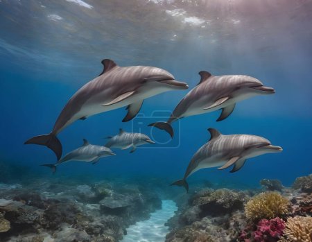 A group of dolphins swims serenely near the oceans surface, their sleek forms cutting through the water with elegant ease. They pass over a colorful coral reef teeming with marine life