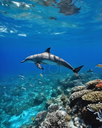 Eine Gruppe Delfine schwimmt gelassen in der Nähe der Meeresoberfläche, ihre geschmeidigen Formen schneiden sich elegant durch das Wasser. Sie überqueren ein farbenfrohes Korallenriff voller Meereslebewesen
