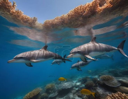 A group of dolphins swims serenely near the oceans surface, their sleek forms cutting through the water with elegant ease. They pass over a colorful coral reef teeming with marine life