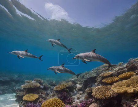 Eine Gruppe Delfine schwimmt gelassen in der Nähe der Meeresoberfläche, ihre geschmeidigen Formen schneiden sich elegant durch das Wasser. Sie überqueren ein farbenfrohes Korallenriff voller Meereslebewesen