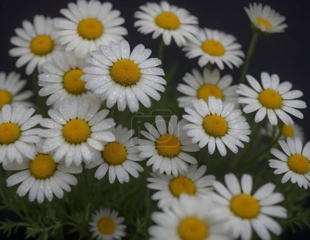 A cluster of white daisies with vibrant yellow centers is delicately adorned with dewdrops. They stand out in stark contrast to the dark background