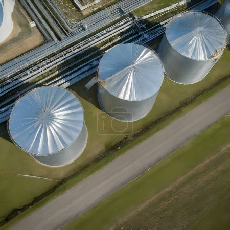 Overhead view showcasing an intricate network of large industrial fuel storage tanks . The fading light indicates twilight at a sprawling energy facility. Trucks are parked nearby