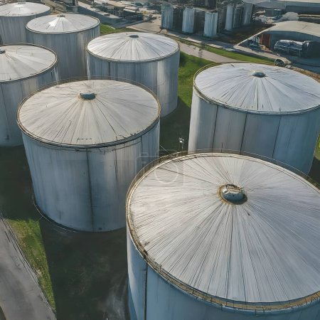 Overhead view showcasing an intricate network of large industrial fuel storage tanks . The fading light indicates twilight at a sprawling energy facility. Trucks are parked nearby