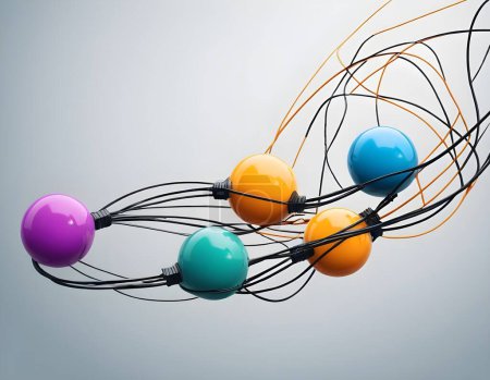 A three-dimensional representation of a molecular structure featuring interconnected spheres in a variety of bold colors such as orange, blue, green, red, and purple, linked by lines to denote bonds