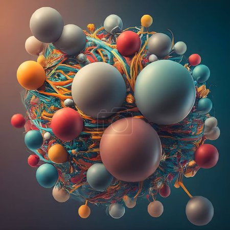 A three-dimensional representation of a molecular structure featuring interconnected spheres in a variety of bold colors such as orange, blue, green, red, and purple, linked by lines to denote bonds