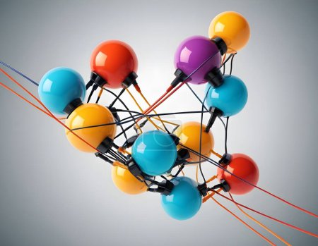 Représentation tridimensionnelle d'une structure moléculaire comportant des sphères interconnectées dans une variété de couleurs vives telles que l'orange, le bleu, le vert, le rouge et le violet, reliées par des lignes pour désigner les liaisons