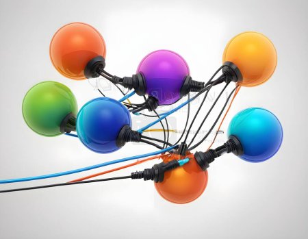 Représentation tridimensionnelle d'une structure moléculaire comportant des sphères interconnectées dans une variété de couleurs vives telles que l'orange, le bleu, le vert, le rouge et le violet, reliées par des lignes pour désigner les liaisons