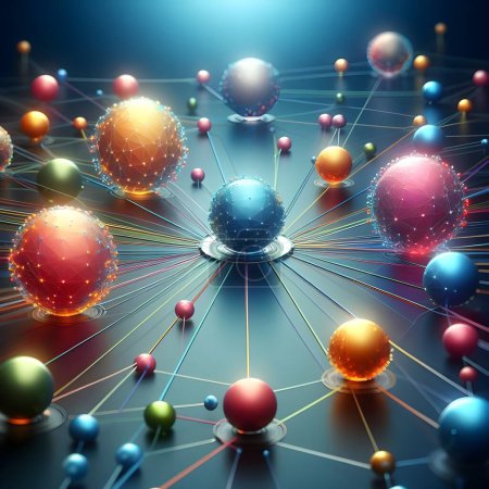 Representación tridimensional de una estructura molecular que presenta esferas interconectadas en una variedad de colores llamativos como naranja, azul, verde, rojo y púrpura, unidos por líneas para denotar enlaces