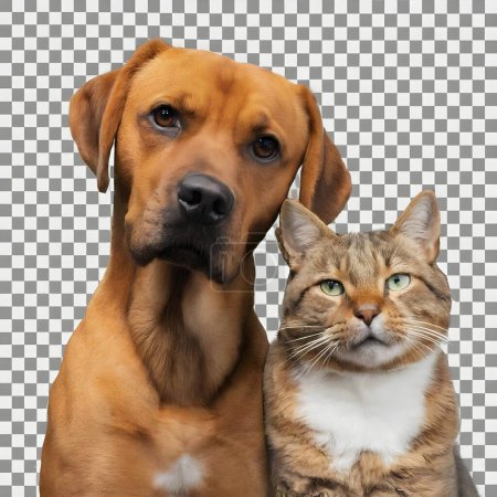 Foto de Retrato de perro feliz y gato que mirando a la cámara juntos aislados sobre fondo transparente, amistad entre perro y gato, increíble amabilidad de las mascotas. - Imagen libre de derechos