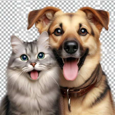 Portrait von glücklichen Hund und Katze, die gemeinsam in die Kamera schauen, isoliert auf transparentem Hintergrund, Freundschaft zwischen Hund und Katze, erstaunliche Freundlichkeit der Haustiere.