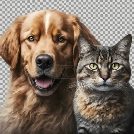 Retrato de perro feliz y gato que mirando a la cámara juntos aislados sobre fondo transparente, amistad entre perro y gato, increíble amabilidad de las mascotas.