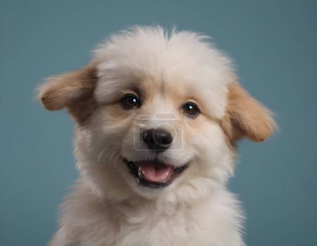 Lindo retrato esponjoso sonrisa cachorro perro que mirando a la cámara aislada sobre fondo claro, momento divertido, perro encantador, concepto de mascota