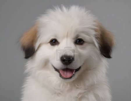 Nettes flauschiges Portrait Lächeln Welpenhund, der auf klarem Hintergrund isoliert in die Kamera schaut, lustiger Moment, schöner Hund, Haustierkonzept