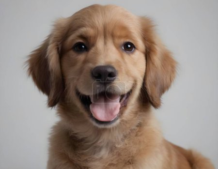 Lindo retrato esponjoso sonrisa cachorro perro que mirando a la cámara aislada sobre fondo claro, momento divertido, perro encantador, concepto de mascota