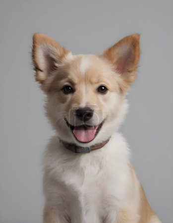 Cute fluffy portrait smile Puppy dog that looking at camera isolated on clear background, funny moment, lovely dog, pet concept