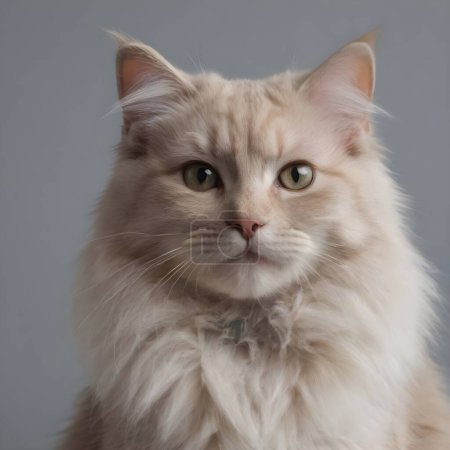 Un gato de pelo largo de color crema regio se presenta prominentemente, su piel lujosamente esponjosa y bien arreglada. El telón de fondo suave y neutro resalta la delicada paleta de colores de los gatos .