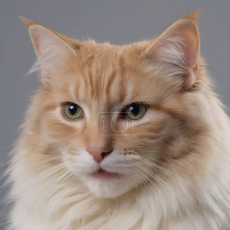 A regal cream-colored long-haired cat is featured prominently, its fur luxuriously fluffy and well-groomed. The soft, neutral backdrop highlights the cats delicate color palette .