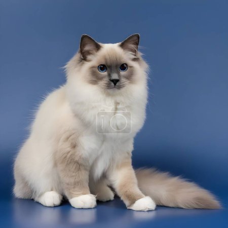 Un gato de pelo largo de color crema regio se presenta prominentemente, su piel lujosamente esponjosa y bien arreglada. El telón de fondo suave y neutro resalta la delicada paleta de colores de los gatos .