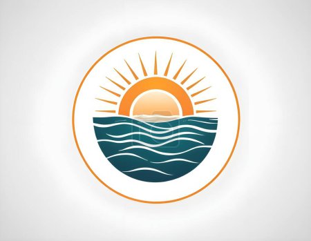 A representation of a sunset, where the sun sits above the ocean waves, radiating bright rays of light within a circular frame. Logotype, best logo