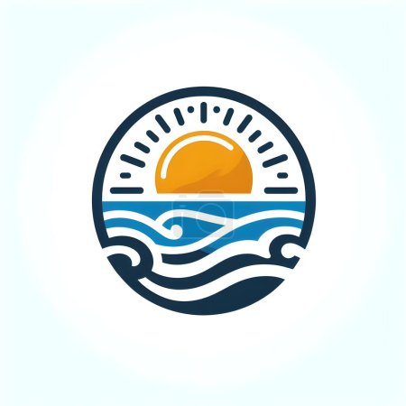 Eine Darstellung eines Sonnenuntergangs, bei dem die Sonne über den Meereswellen sitzt und helle Lichtstrahlen innerhalb eines kreisförmigen Rahmens ausstrahlt. Logotyp, bestes Logo