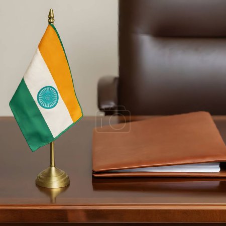 An elegant office features a polished wooden desk adorned with the Indian national flag.