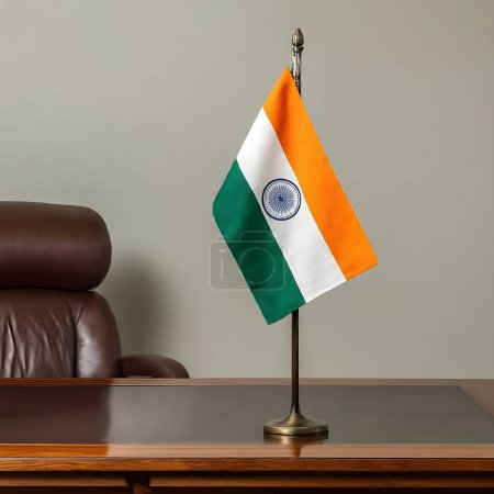 An elegant office features a polished wooden desk adorned with the Indian national flag.