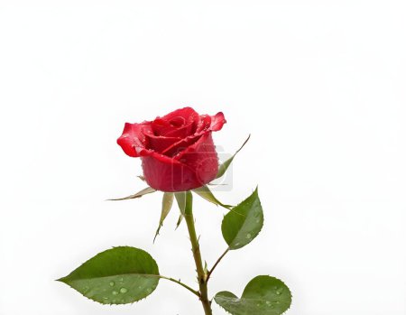 A single red rose lies gently on a white surface, its vibrant petals contrasting beautifully with the soft morning light. The green leaves and stem add a natural touch to the composition.