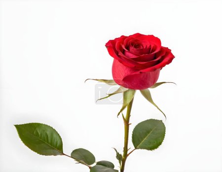 Eine einzelne rote Rose liegt sanft auf einer weißen Oberfläche, deren lebendige Blütenblätter einen schönen Kontrast zum sanften Morgenlicht bilden. Die grünen Blätter und der Stiel verleihen der Komposition eine natürliche Note.