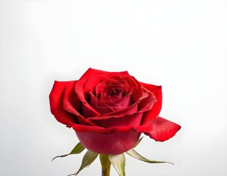 Eine einzelne rote Rose liegt sanft auf einer weißen Oberfläche, deren lebendige Blütenblätter einen schönen Kontrast zum sanften Morgenlicht bilden. Die grünen Blätter und der Stiel verleihen der Komposition eine natürliche Note.