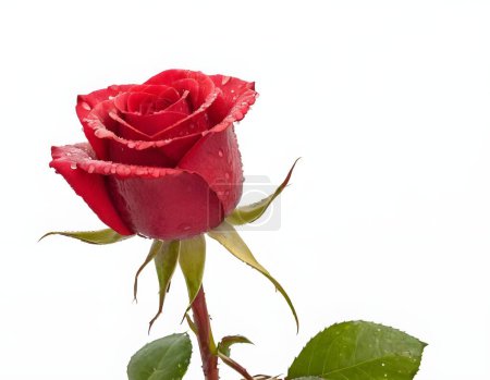 Una sola rosa roja yace suavemente sobre una superficie blanca, sus vibrantes pétalos contrastan maravillosamente con la suave luz de la mañana. Las hojas verdes y el tallo añaden un toque natural a la composición.