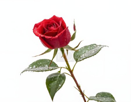 A single red rose lies gently on a white surface, its vibrant petals contrasting beautifully with the soft morning light. The green leaves and stem add a natural touch to the composition.