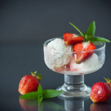 Eine Glasschale gefüllt mit weißem und Erdbeereis, garniert mit einem Zweig frischer Minze und zwei Erdbeeren in Scheiben. Die Schale steht auf dunklem Hintergrund.