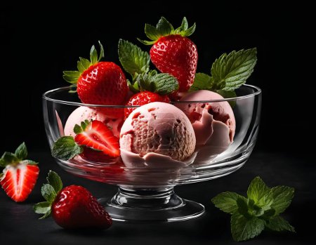 A glass bowl filled with white and strawberry ice cream, garnished with a sprig of fresh mint and two sliced strawberries. The bowl is placed on a dark background.
