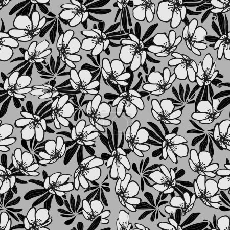 Illustration for Black and white floral seamless pattern. Seamless backgrounds with hand drawn flowers. - Royalty Free Image